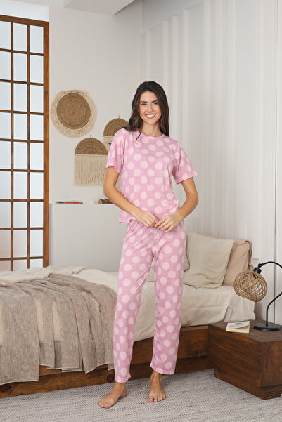 CALİA Women's Summer Short Sleeve Combed Cotton Single Jersey Fabric Pajamas Set