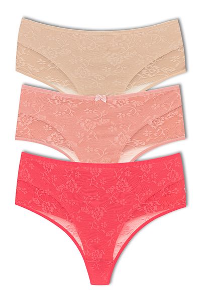 HNX 3-Piece Front Double Layer Lined Lace High Waist Cotton Thong Women's Panties