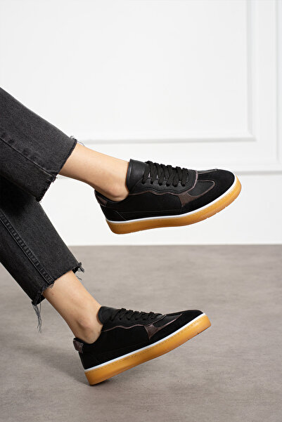 KOTAN Pantofi de damă cu talpă ortopedică - Pantofi sport negri cu șireturi și piese confortabile