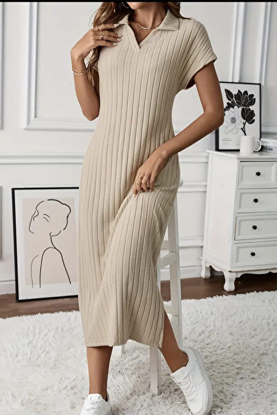 missamour Women's Beige Polo Neck Midi Dress