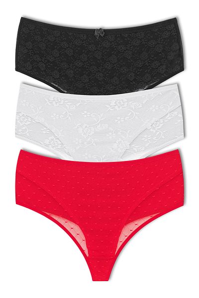 HNX 3-Piece Front Double Layer Lined Lace High Waist Cotton Thong Women's Panties
