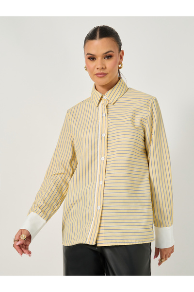 Styli Striped Regular Fit Shirt with Solid Contrast Cuffs Detail