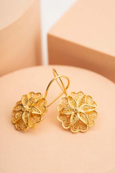 Sümer Telkari Papatya Telkari Altın Kaplama Gümüş Küpe 6169