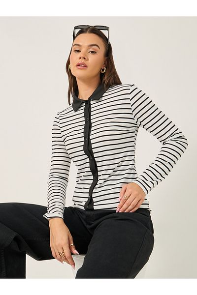 Styli Striped Knit Top with Contrast Collar Detail