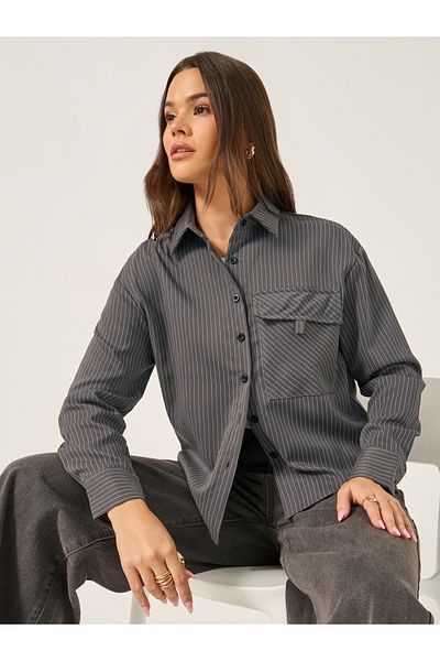 Styli Striped Loose Fit Shirt with Flap Pocket Details