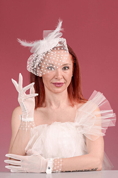 SeddA Off White Polka Dot Bridal Cap Wedding Hat and Lycra Tulle Bridal Glove...