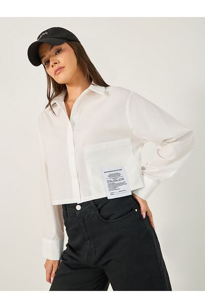 Styli Solid Boxy Fit Crop Shirt with Patch Detail
