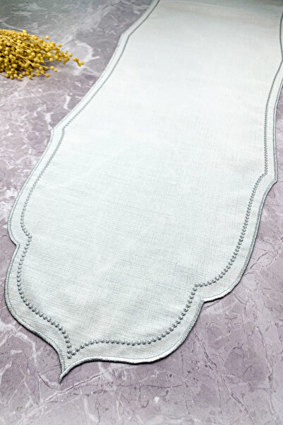 WEARE2 Runner cu efect de in, gri argintiu, cu broderie cu margele, 40x140 cm