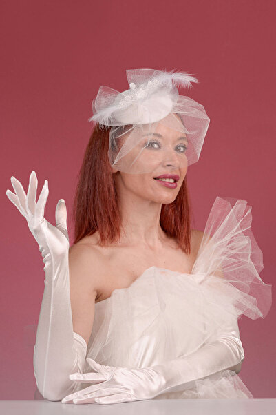 SeddA Kırık Beyaz Dantelli Gelin Kepi Nikah Şapkası Ve Saten Uzun Gelin Eldiveni  Kombin Set