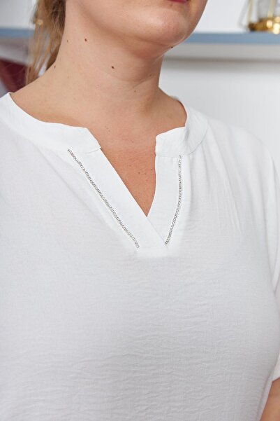 RMG Ecru Plus Size Stone Embroidered Collar Blouse