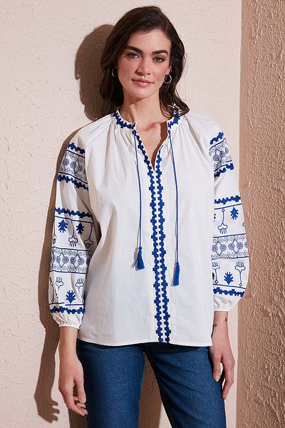 Lela Κέντημα Κεντημένο Βαμβακερό Oversize Εφαρμογή Δαντέλα Μπλούζα με λαιμόκοψη V ΜΠΛΟΥΖΑ 676271