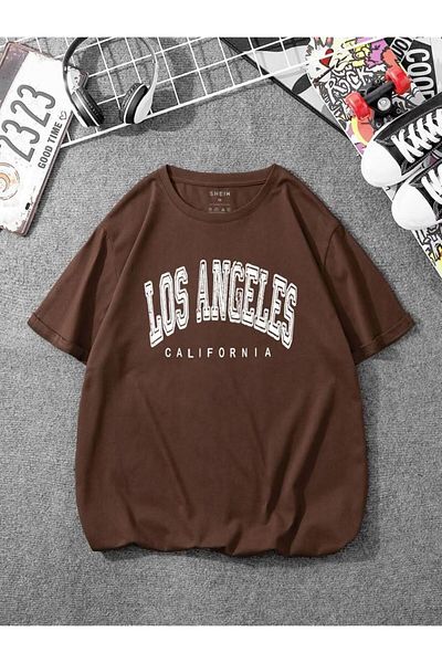 ervafashion Унисекс кафява тениска с щампа Los Angeles Oversize