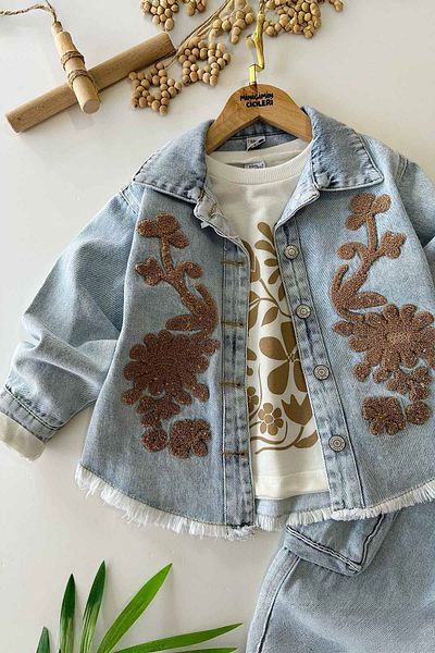Minigimin Cicileri Етнически комплект от 3 дънки за момиче - My Little One's Cici, Детайли с бродерия, Кафяв