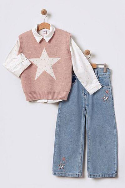 Minigimin Cicileri My Mini's 3-Piece Girl's Set with Star and Stone Knitwear Jeans - Pink
