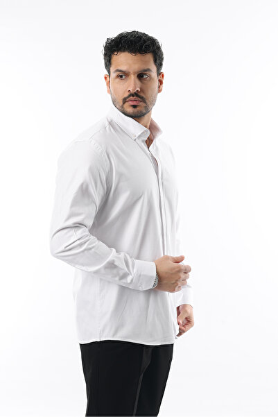 İDS COLLECTİON Beyaz Slimfit Pamuklu Oxfort Likrali Yaka Düğmeli Uzun Kol Erkek Gömlek