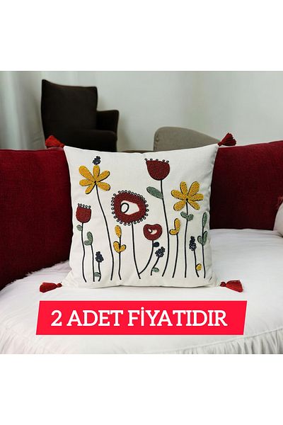 LUWİNO HOME Punch Poppies Pattern Pompom Throw Pillow 43X43 cm