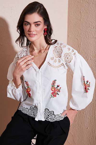 Lela Cămașă cu decolteu în V ajurata din bumbac brodat 676214
