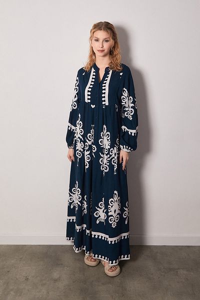 Fulla Moda Φόρεμα με έθνικ σχέδιο με μισά κουμπιά και ελαστικά μανίκια