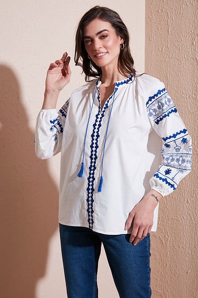 Lela Κέντημα Κεντημένο Βαμβακερό Oversize Εφαρμογή Δαντέλα Μπλούζα με λαιμόκοψη V ΜΠΛΟΥΖΑ 676271