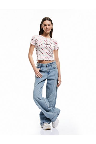 Koton Short Sleeve Crop Crew Neck Strawberry Print T-Shirt