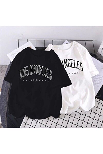 ervafashion 2'Lİ Paket Los Angeles Baskılı Oversize T-SHİRT Unisex