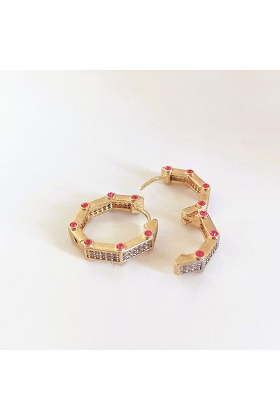 POKAK Serenay Leyla Who Came Who Passed Gold Color Shiny Stone Detailed Brand Hoop Earrings