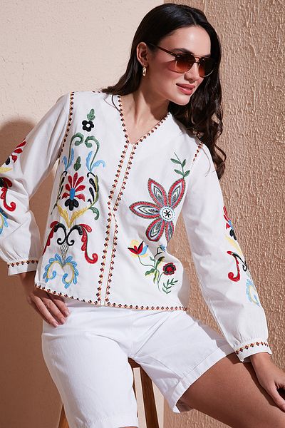Lela Βαμβακερό κέντημα με κέντημα Oversize Fit V λαιμόκοψη ΜΠΛΟΥΖΑ 676254