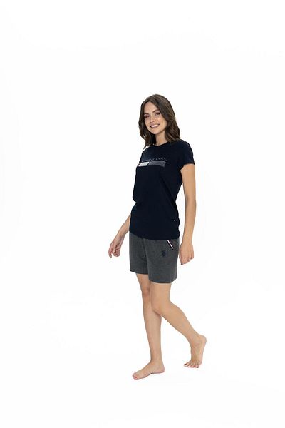 U.S. Polo Assn. Set de pantaloni scurți tricou cu imprimeu text pentru femei Polo US, decolteu, mânecă scurtă, buzunar