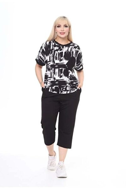 kısmet sepeti Γυναικείο κοντομάνικο Capri 2 τεμαχίων Lycra με λεπτομέρεια τσέπης Μαύρο και άσπρο χτενισμένο βαμβακερό κοστούμι