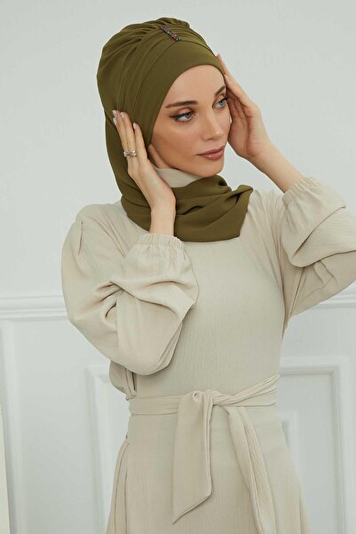 Aisha's Design Chiffon Ready-Made Turban with Colorful Stone Accessories,Ht-51,Ht-51,Khaki Green