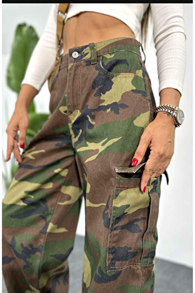 Lotus Kadın kamuflaj yüksek bel baggy pantolon