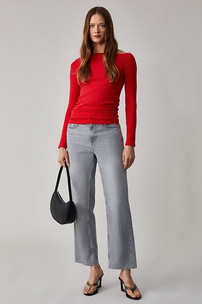 GRIMELANGE Sissi Women's Organic Cotton Asymmetrical Neck Red Blouse with Lycra Stretchy Fabric