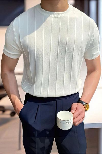 Oksit Ανδρικό πλεκτό μπλουζάκι Toro ριγέ Lycra Slim Fit Crew Neck