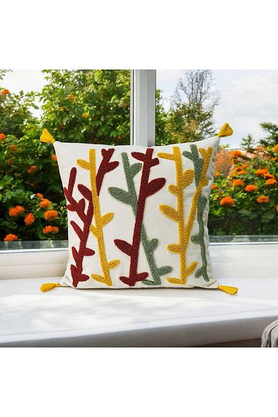 LUWİNO HOME Punch Bamboo Pattern Pompom Throw Pillow 43X43 cm
