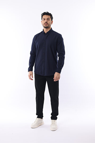 İDS COLLECTİON Erkek Slim Fit Dar Kesim Düğmeli Yaka Keten Görünümlü %100 Pamuk Flamlı Gömlek