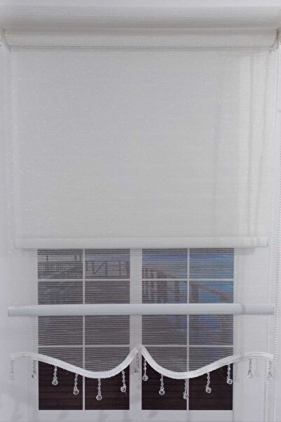 BULUT ÇİFT MEKANİZMALI BEYAZ SİMLİ BONCUKLU TÜL, BEYAZ SİMLİ MAT (%85 GÜNEŞİ KESER) STOR PERDE