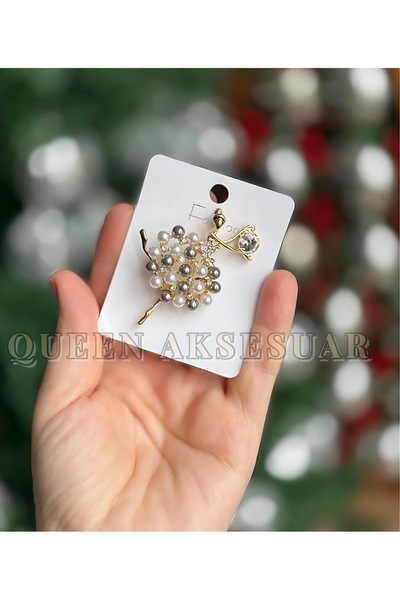 QUEEN AKSESUAR Lüks zarif inci taşlı elbiseli balerin dansçı kız kadın broş yaka aksesuar şal iğne beyaz