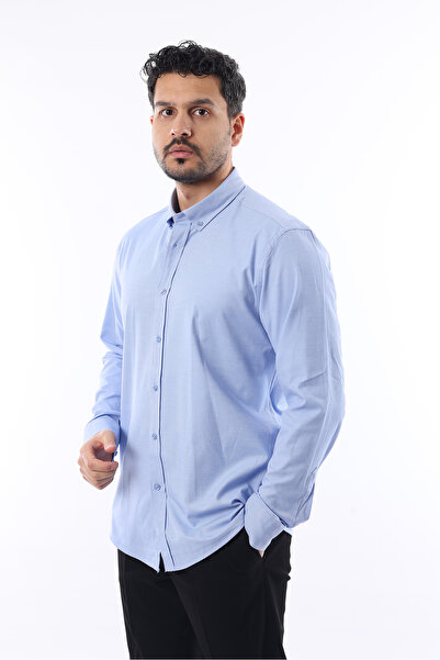 İDS COLLECTİON Mavi Slimfit Pamuklu Oxfort Likrali Yaka Düğmeli Uzun Kol Erkek Gömlek