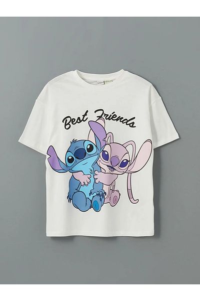 LC Waikiki Dívčí tričko LCW Kids Ecru Crew Neck Lilo a Stitch s potiskem