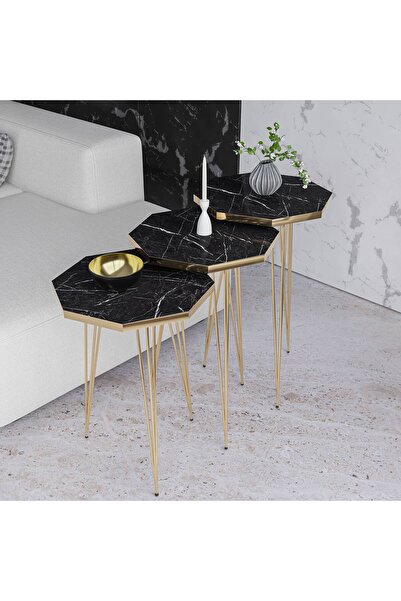 Genel Markalar TR Zigon Sehpa 3'lü Sekizgen Takım Gold Tel Ayaklı 3 Klasik Ge...