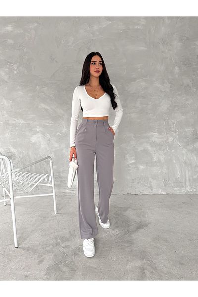 sportiness High Waist Button Closure Lycra Pleated Palazzo Knitted Trousers