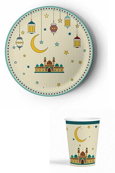 Patladı Gitti 8'li Krem Camı Motifli Ramazan Karton Bardak Tabak Hoşgeldin Ra...
