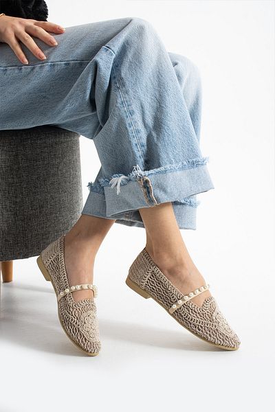 Moda Devrin Γυναικείες μπεζ πλεκτές μαργαριταρένιες μπαλαρίνες για το σπίτι και το εξωτερικό