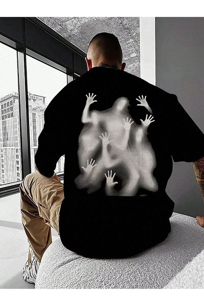 PENTHİLUS Tricou supradimensionat cu imprimeu Black Horror Ghost pentru bărbați