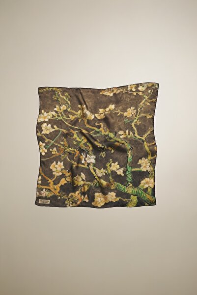 silqoora %100 Ipek Bandana Fular(55X55 CM)-vincent Van Gogh (BADEM AĞACI SİYAH)