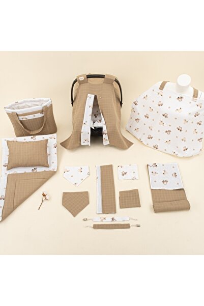 Yunikobaby طقم مميز مكون من 14 قطعة - مزدوج الجوانب - موسلين أرضي - سيارات بنية