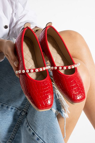 Moda Devrin Women's Red Crocodile Pearl Ballerina Home and Outdoor Shoes