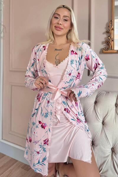 Pijamaevi Light Pink Rosy Exclusive Knitted Dressing Gown Nightgown Women's Pajamas Set