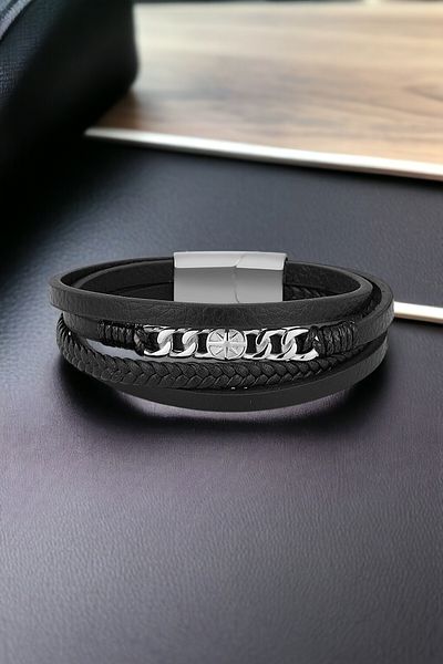 Daniel Klein Men's Bracelet - Black Color, Leather on Demand and Solicit, Durable Metal