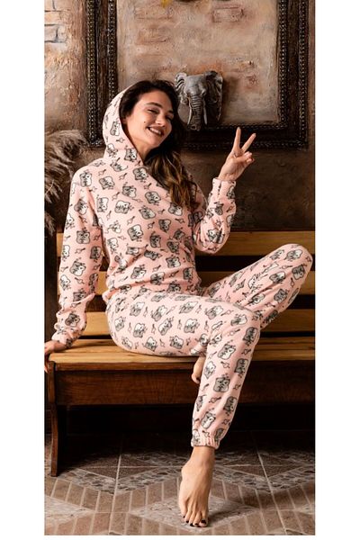 Sude HOMEWEAR Sude Heart Patterned Winter Hooded Fleece